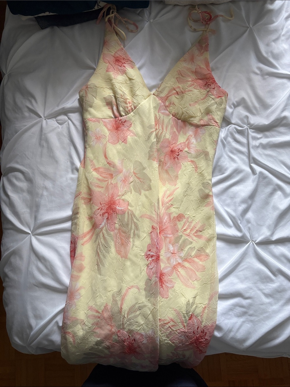 Yellow Floral Midi Slip Dress with Pink Bloom Print